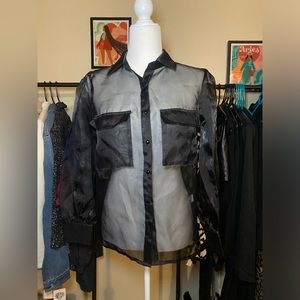 JLUXLABEL Sheer, long sleeve button blouse.